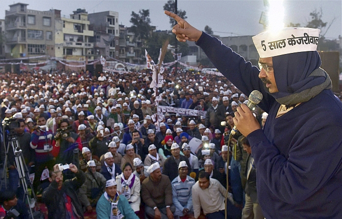 Aam Aadmi Party leader Arvind Kejriwal at a Delhi campaign rally.