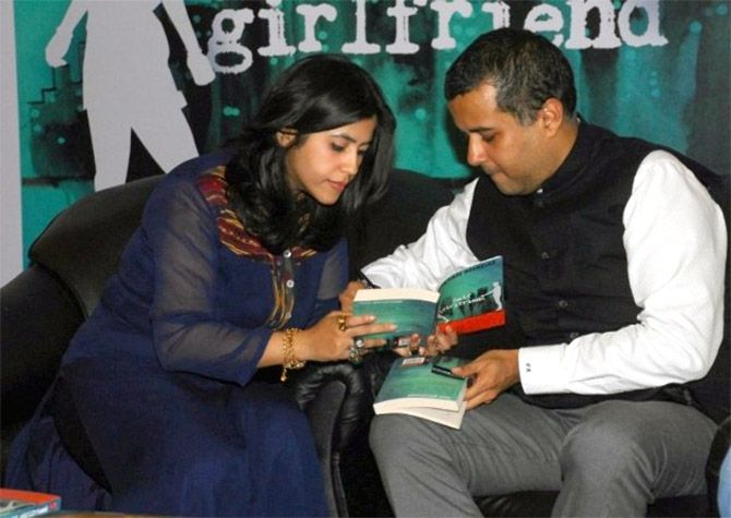 Chetan Bhagat, the top-selling Indian novelist, right, with television mogul Ektaa Kapoor at the launch of his book, Half Girlfriend, a movie version of which will hit theatres this May.