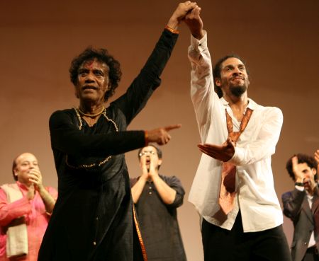 Pandit Chitresh Das with Emmy-winning tap dancer Jason Samuels Smith, right, during a performance.