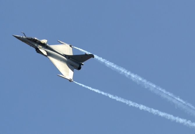 IMAGE: A Dassault Rafale combat aircraft seen during Aero India 2013 at the Yelahanka air force station on the outskirts of Bengaluru. Photograph: Reuters