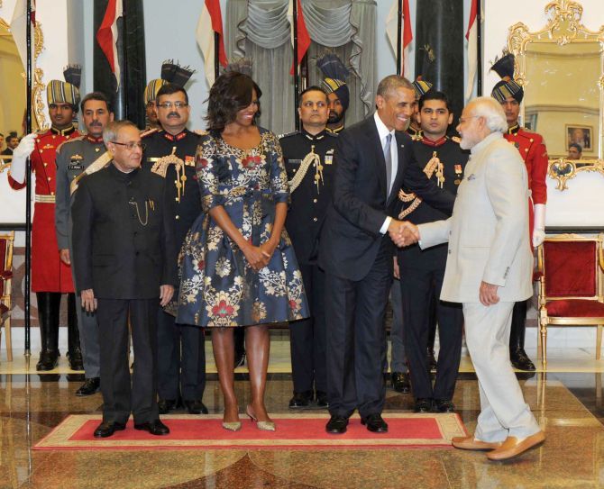 Then US President Barack Obama greets Prime Minister Narendra Damodardas Modi at the State dinner then President Pranab Mukherjee hosted for POTUS and FLOTUS, January 25, 2015.