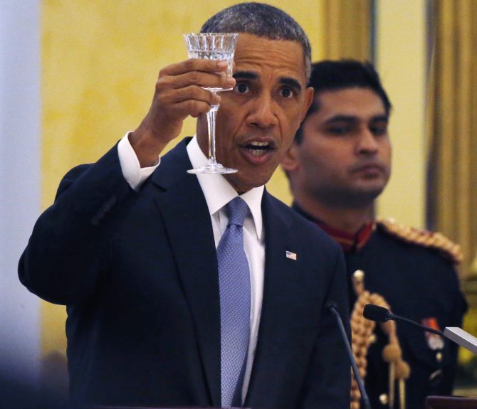 US President Barack Obama delivers a toast at the State dinner hosted by President Pranab Mukherjee