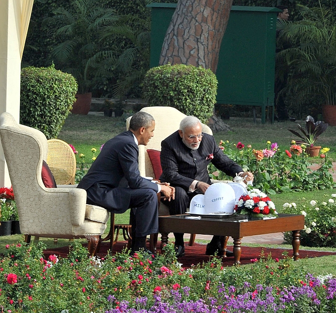 Prime Minister Narendra Modi and US President Barack Obama at their Chai Ka Charcha in New Delhi on January 25, 2015, which cleared the way for the operationalisation of the India-US nuclear deal.