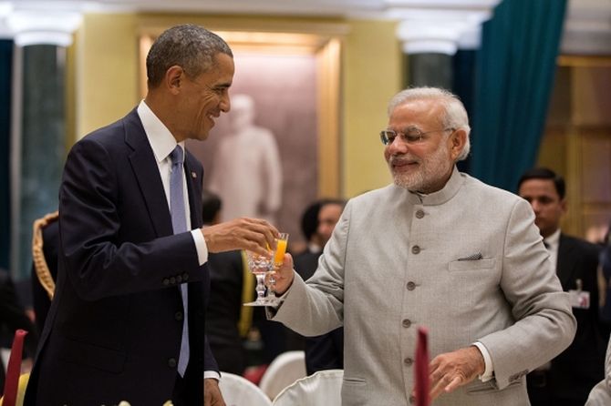 US President Barack Obama and Prime Minister Narendra Modi clink glasses during the State dinner hosted by President Pranab Mukherjee at Rashtrapati Bhavan on January 25, 2015. Photograph: Pete Souza/White House