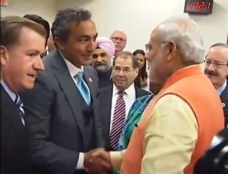 US Congressman Ami Bera greets Prime Minister Narendra Modi.