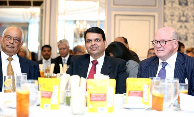 Maharashtra Chief Minister Devendra Fadnavis with former US ambassador to India Frank Wisner. Photograph: Paresh Gandhi/Rediff.com