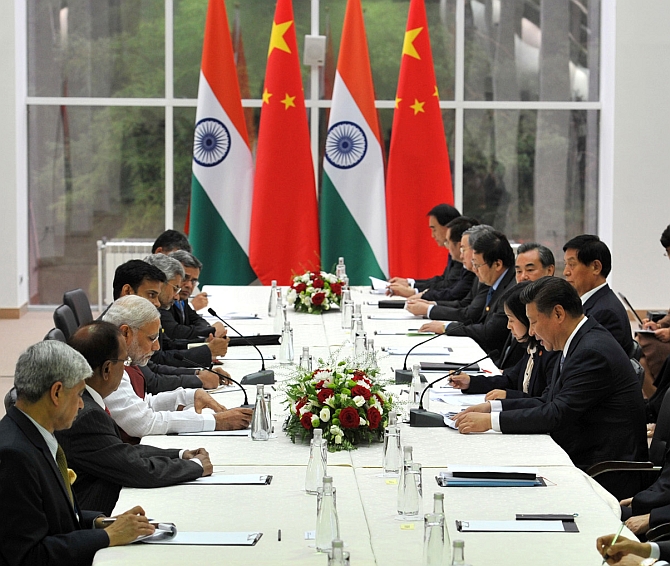 Prime Minister Narendra Modi and Chinese President Xi Jinping at a delegation-level meeting in Ufa, Russia, July 2015. Photograph: Press Information Bureau