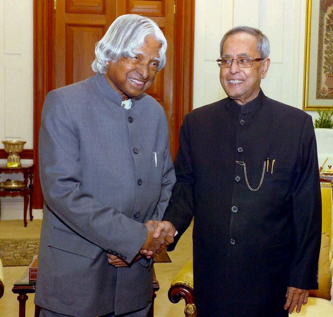 A P J Kalam, the most popular Rashtrapati India has ever had, with President Pranab Mukherjee at a meeting in 2014. Photograph: PTI