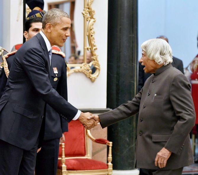 US President Barack Obama greets President A P J Abdul Kalam at Rashtrapati Bhavan, January 25, 2015. Photograph: PTI