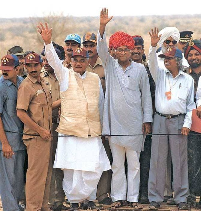 A P J Abdul Kalam, then scientific advisor to the prime minister, then prime minister Atal Bihari Vajpayee, then defence minister George Fernandes at the Pokhran nuclear test site, May 1988.  Photograph: Press Information Bureau/Facebook
