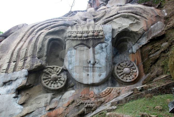 The rock-cut Shiva head at Unakoti, Tripura. 