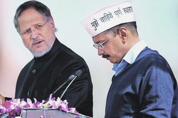 Najeeb Jung, then Delhi's lieutenant governor, with Chief Minister Arvind Kejriwal