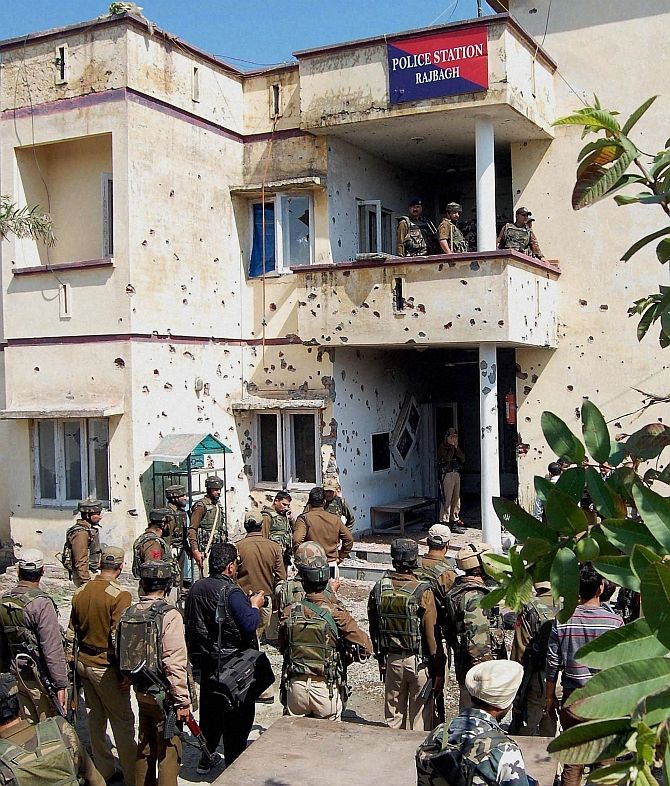 Security personnel after an encounter with terrorists at a Jammu police station in March. Photograph: PTI