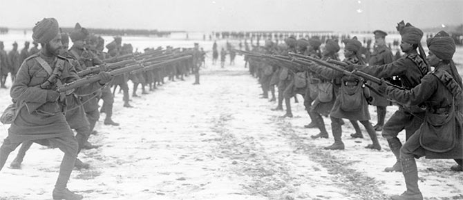 Indian soldiers training with bayonets.