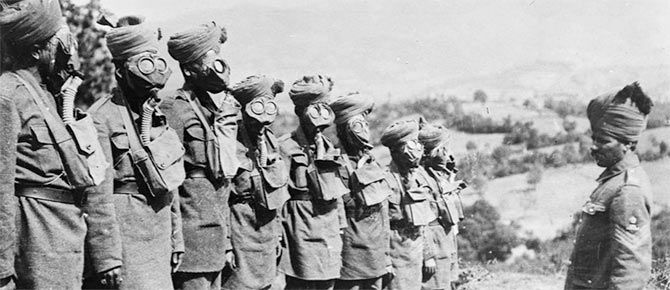 Indian soldiers during a gas mask drill.