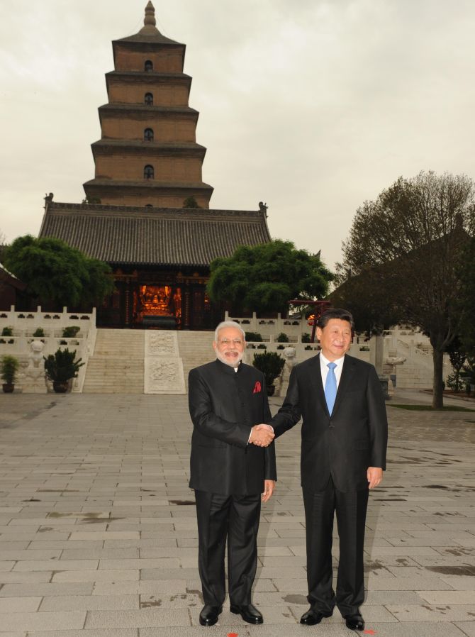 Prime Minister Narendra D Modi greets Chinese President Xi Jinping at the Wild Goose Pagoda in Xi'an, May 14, 2015. It was the first time a Chinese leader had welcomed a visiting leader outside Beijing. Photograph: MEAIndia/Flickr