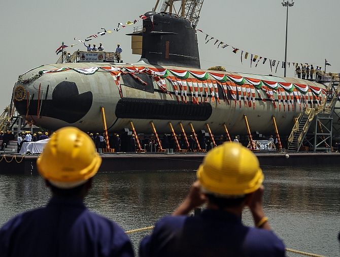 A Scorpene submarine built under Project 75 of the Indian Navy on the pontoon at the Mazagon dock in Mumbai. Photograph: Reuters