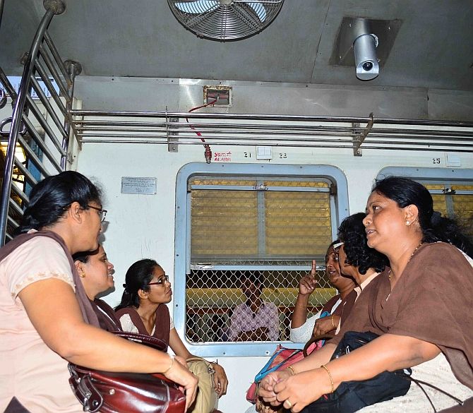 Women on board a Mumbai suburban train