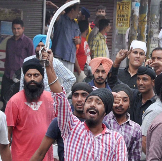 Protesters in Punjab. Photograph: PTI