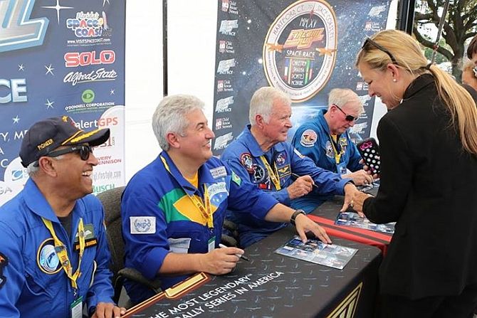  Four international astronauts, from left, India's Rakesh Sharma, Brazil's Marcos Pontes, France's Jean-Loup Chretien, and America's Jon McBride