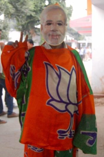 A man at the entrance to the BJP office in Patna.