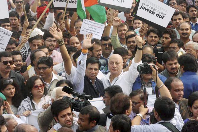 Bollywood actor Anupam Kher, filmmaker Madhur Bhandarkar and other film personalities during their March for India programme over the intolerance issue in New Delhi on Saturday, November 7. Photograph: PTI 