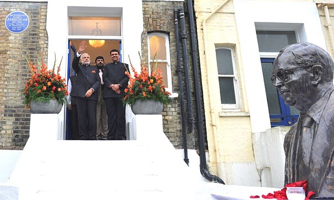  Prime Minister Narendra Modi at the memorial in London dedicated to Dr B R Ambedkar. Also seen are Maharashtra Chief Minister Devendra Fadnavis and Republican Party of India leader Ramdas Athavale. Photographs: Press Information Bureau