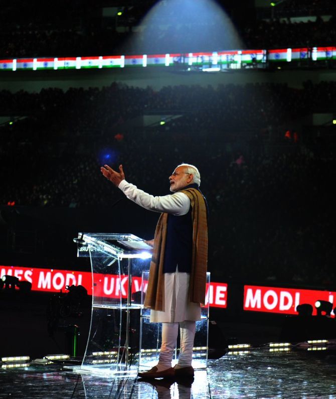 Prime Minister Narendra Modi addresses the Indian Diaspora at the Wembley Stadium in London, November 14, 2015