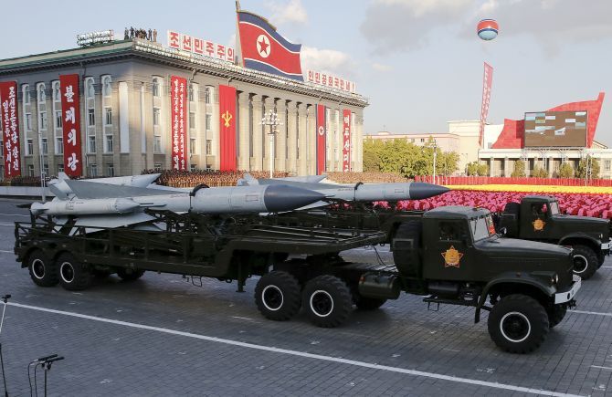 Missiles at a military parade in Pyongyang, October 2015. Photograph: James Pearson/Reuters