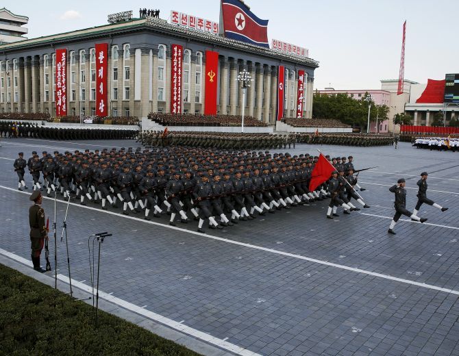 North Korean soldiers march past a stand with leader Kim Jong Un during a parade celebrating the 70th anniversary of the founding of the ruling Workers' Party of Korea, in Pyongyang. Photograph: James Pearson/Reuters