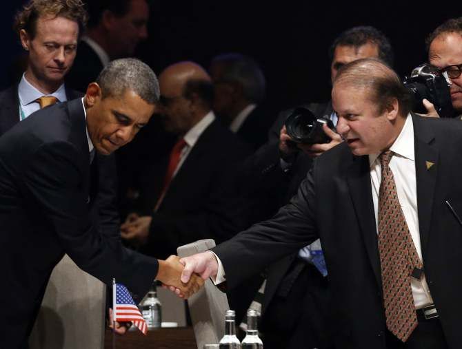 US President Barack Obama with Pakistan Prime Minister Nawaz Sharif.  Photograph: Yves Herman/Reuters