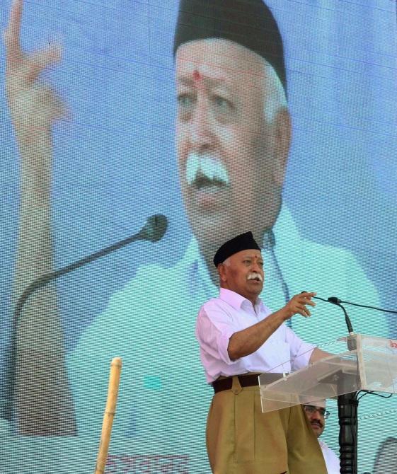 RSS Chief Mohan Bhagwat speaks during the Vijaya Dashmi event in Nagpur. Photograph: PTI