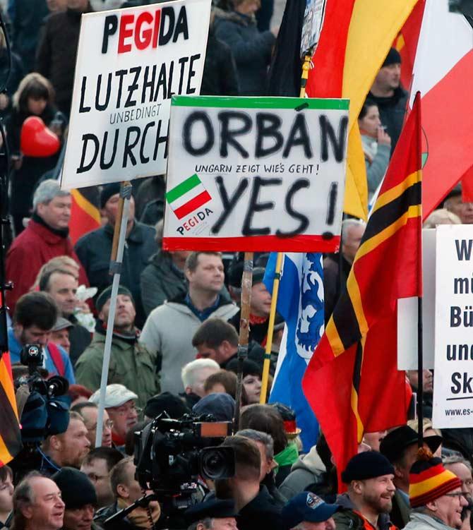 An anti-immigration demonstration organised by the rightwing movement Patriotic Europeans Against the Islamisation of the West, PEGIDA, in Dresden, Germany, October 19.