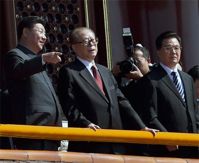 Chinese President Xi Jinping, left, with his predecessors Jiang Zemin and Hu Jintao at the  parade in Beijing, September 3, 2015. Photograph: Wang Zhao/Reuters