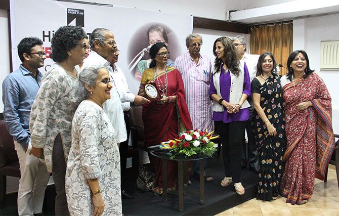 Olga Tellis being felicitated at the Mumbai Press Club