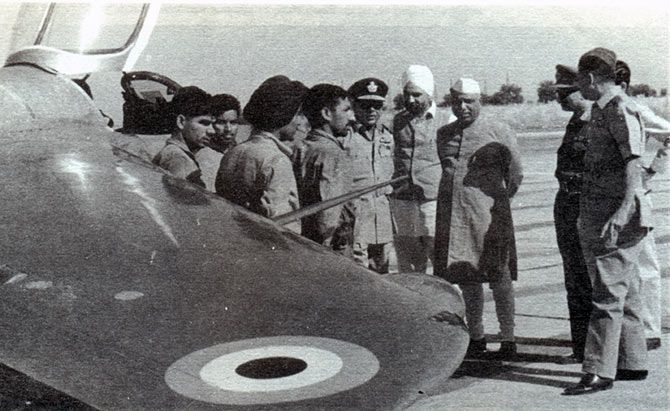 Y B Chavan, then India's defence minister, with air force officers and the Gnat that shot down a Pakistani F-104 aircraft.