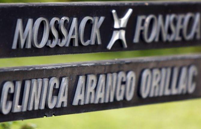 A company list showing the Mossack Fonseca law firm is pictured on a sign at the Arango Orillac Building in Panama City. 