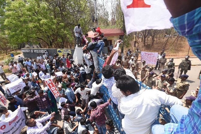 Students and police face-off at the main gate of the Hyderabad University campus. Photographs: SnapsIndia