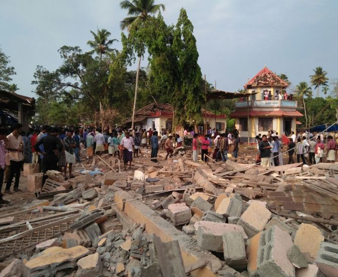 The damaged temple building of the Paravur temple in Kollam district.
