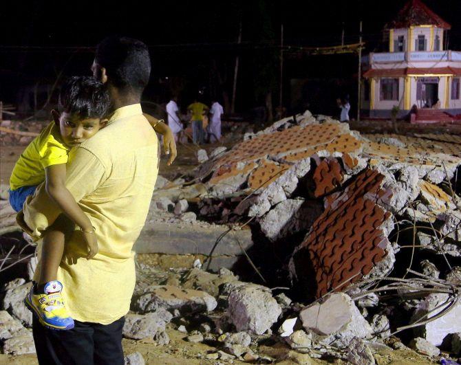 The damaged temple building of the Paravur temple in Kollam district. Photograph: PTI