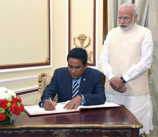 Maldives President Abdulla Yameen Abdul Gayoom with Prime Minister Narendra Modi in New Delhi, April 11, 2016; Photograph: Press Information Bureau