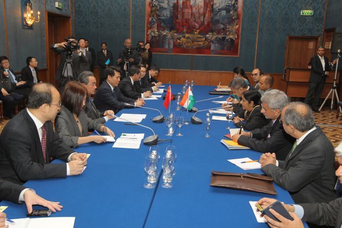 External Affairs Minister Sushma Swaraj holds talks with Chinese Foreign Minister Wang Yi in Moscow, April 18, 2016. Photograph: MEAphotogallery on Flickr.