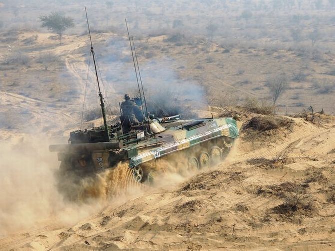A tank on the move during the Shatrujeet exercise in the deserts of Rajasthan, April 2016. Photograph: @SpokespersonMoD