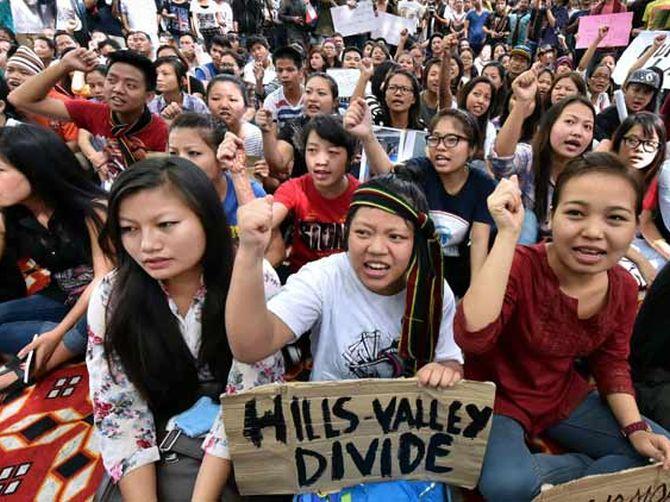 Manipur students during a protest at Jantar Mantar in New Delhi. Photograph: File photo/PTI