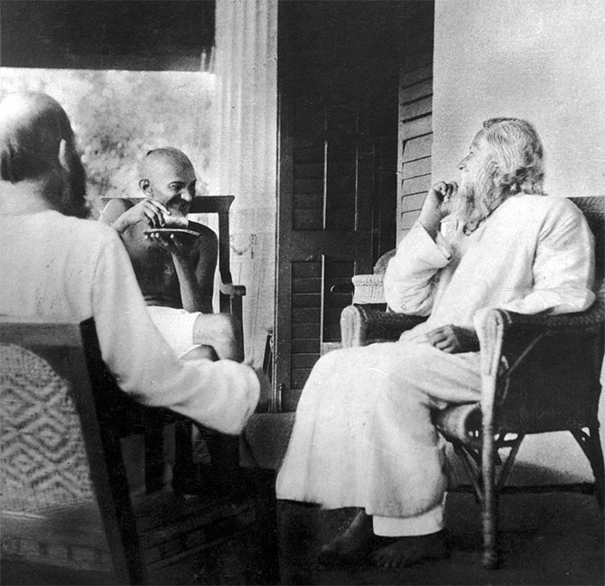 Gandhi with Tagore and Andrews, at Shantiniketan
