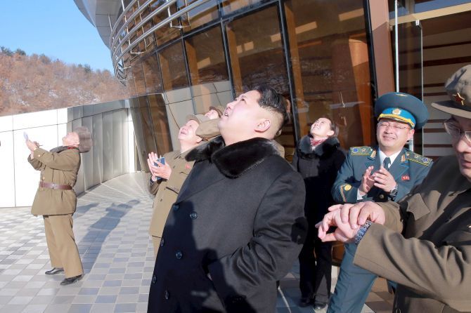 North Korean leader Kim Jong-un watches a long-range rocket launch in February. Photograph: Kyodo/Reuters