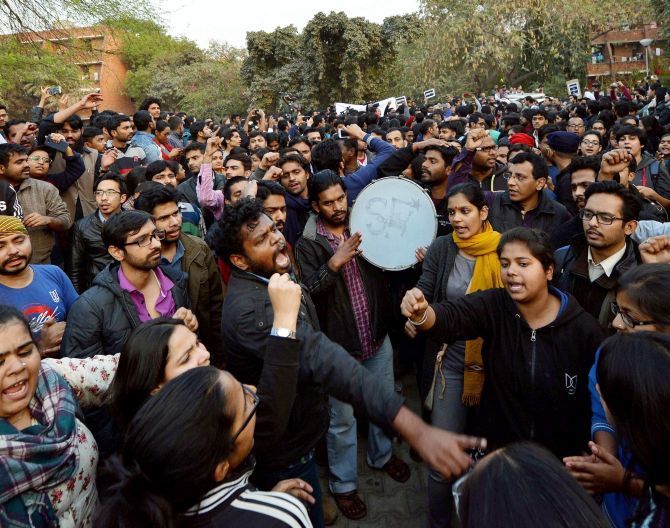 IMAGE: JNU students protest against the police crackdown at the campus. Photograph: PTI