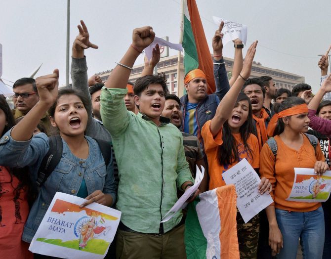 ABVP activists protest outside JNU in New Delhi. Photograph: Kamal Singh/PTI