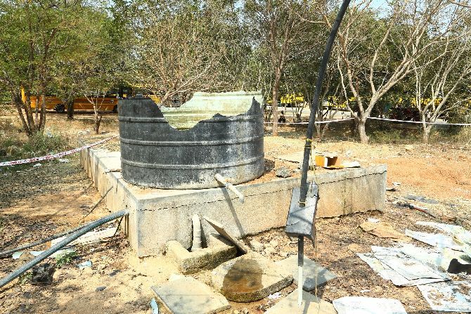 The shattered water tank at the college