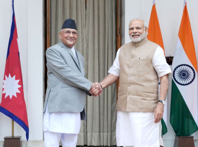 Prime Minister Narendra Modi with Nepal Prime Minister K P Sharma Oli at Hyderabad House, New Delhi, in February. Photograph: Press Information Bureau